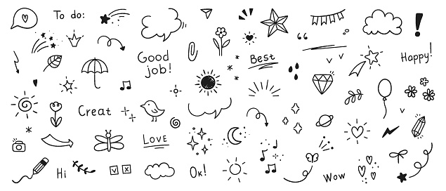 Doodle, cute, glitter, pen, line, elements, heart, arrow, star, decoration, symbol, set, icon, simple, sketch, style, accent, attention, vector, illustration, drawing, hand, umbrellas, falling, bubble, butterfly, pencil, bird, sketches, precious, stone, cherry, letter, flower, twig, text, diary