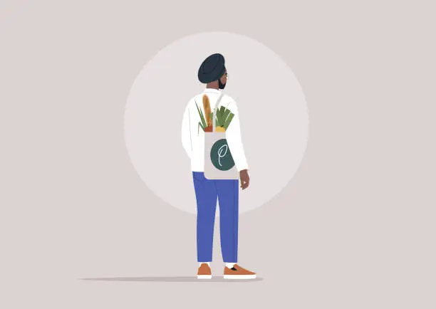 Vector illustration of An Indian character wearing a Sikh turban, seen from behind, carrying a canvas shopping bag filled with groceries from a farmers market