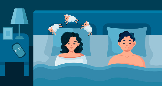 Husband and wife are lying in bed in a dark room. The woman suffers from insomnia. A tired girl lies with her eyes open and cannot fall asleep. Vector illustration in cartoon style