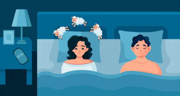 Vector illustration of Husband and wife are lying in bed in a dark room. The woman suffers from insomnia