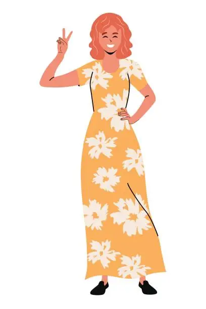 Vector illustration of Girl flat trendy design. Woman  in a yellow dress