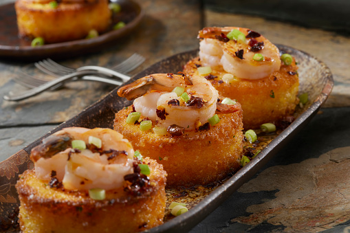 Spicy Shrimp and Grit Cakes with Chili Oil