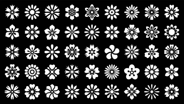 Flower icon set Set of decorative flowers. Geometric icon set. White design elements on a black background. weed stamp stock illustrations