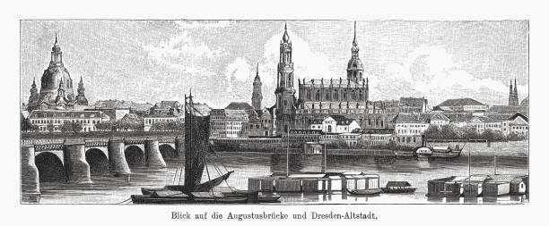 illustrazioni stock, clip art, cartoni animati e icone di tendenza di veduta storica di dresda, sassonia, germania, incisione su legno, pubblicata nel 1894 - church of our lady dresden illustrations