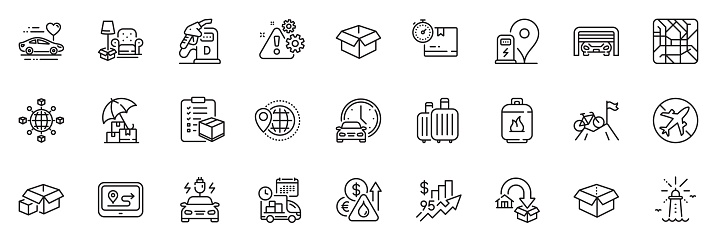 Icons pack as World travel, Fuel price and Mountain bike line icons for app include Open box, Charging station, Opened box outline thin icon web set. Metro map, Gas cylinder. Vector