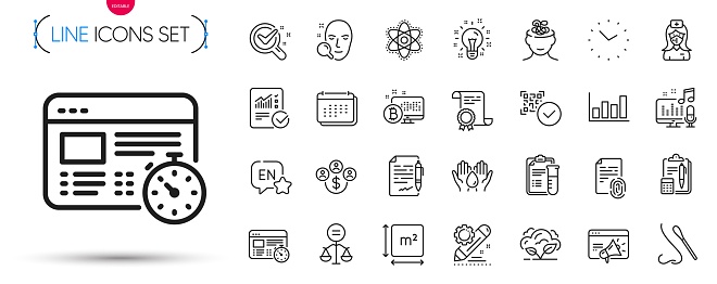 Pack of Calendar, Project edit and Chemistry atom line icons. Include Chemistry lab, Anxiety, Checked calculation pictogram icons. Idea, Web timer, Face search signs. Square area. Vector