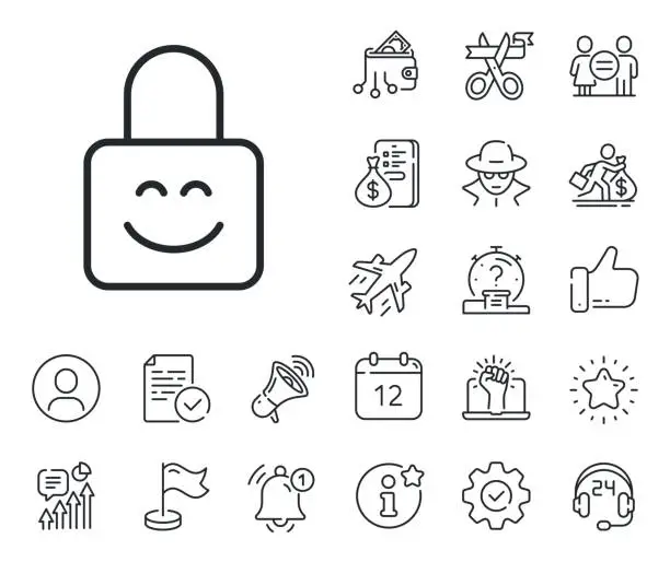 Vector illustration of Lock line icon. Protected padlock with smile sign. Salaryman, gender equality and alert bell. Vector