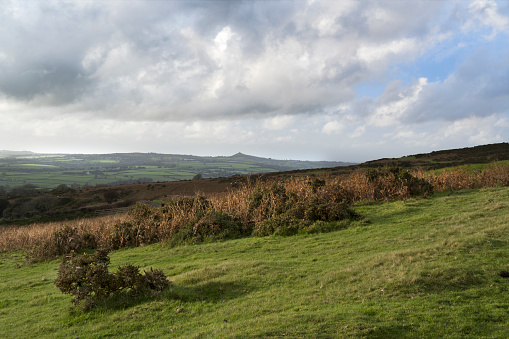 View towards misty Brentor on the horizon from Pork Hill carpark on Dartmoor