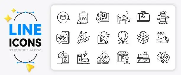Vector illustration of Packing boxes, Return package and Lighthouse line icons. For web app. Vector