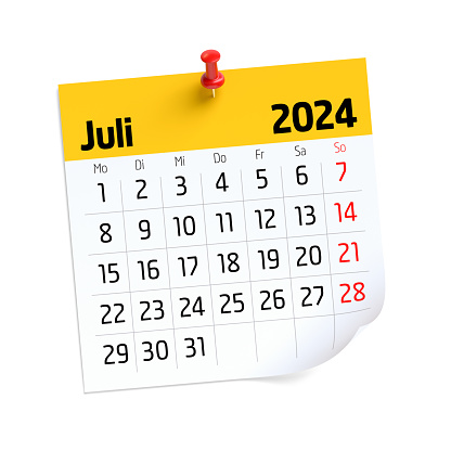 July Calendar 2024 in German Language. Isolated on White Background. 3D Illustration