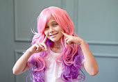 Vanilla Girl. Kawaii vibes.  Candy colors design. little girl with pink hair  smile and has a fun