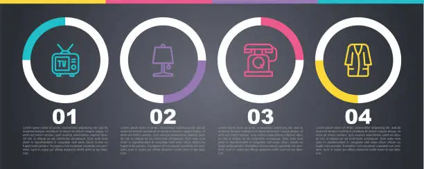 Vector illustration of Set line Retro tv, Table lamp, Telephone handset and Bathrobe. Business infographic template. Vector