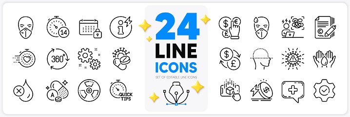 Icons set of Quick tips, Power info and Sick man line icons pack for app with 360 degree, Medical chat, Work thin outline icon. Chemical hazard, Quarantine, Timer pictogram. Vector