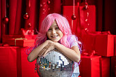 Vanilla Girl. Kawaii vibes. Little girl with pink hair  have party  on red Christmas background