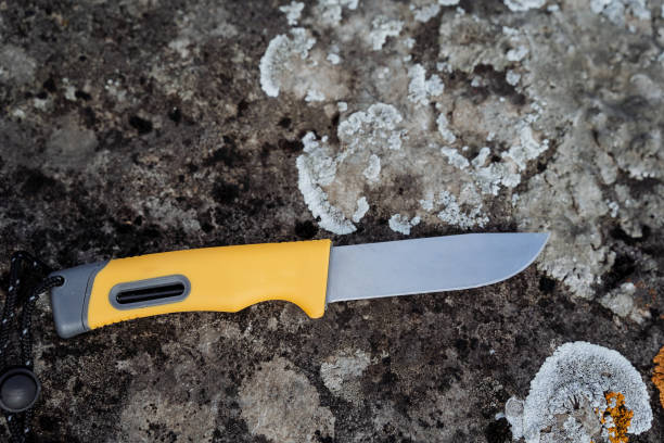 istock Bushcraft knife with plastic handle, durable steel blade, forest survival knife, blade lying on a stone, hand lanyard. 1769269957