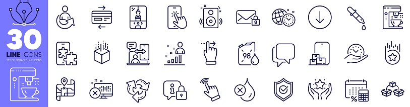 Speakers, Stats and Ranking line icons pack. No waterproof, Map, Parcel shipping web icon. Phone timing, Augmented reality, Approved shield pictogram. Scroll down, Time management. Vector