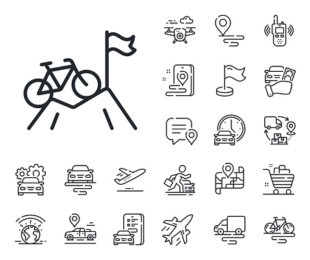 Outdoor bicycle transport sign. Plane, supply chain and place location outline icons. Mountain bike line icon. Sport activity symbol. Mountain bike line sign. Taxi transport, rent a bike icon. Vector