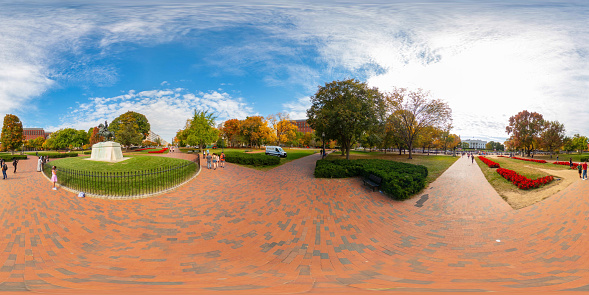 Washington DC, USA - October 28, 2023: Lafayette Square by The White House DC. 360 panorama VR equirectangular photo