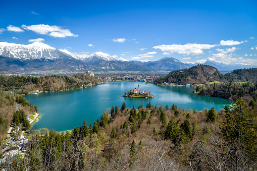 Aerial of Lake Bled, Slovenia