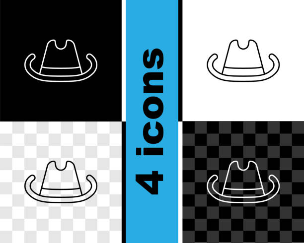 설정 라인 서양 카우보이 모자 아이콘은 검은 색과 흰색, 투명 한 배경에 격리. 벡터 - cowboy hat hat wild west isolated stock illustrations