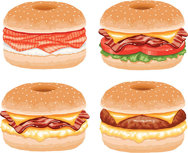bajgiel burgerów zestaw ikon - sandwich eggs bacon breakfast stock illustrations