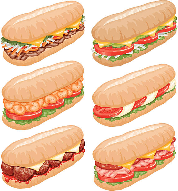 submarine sandwiches icon-set - sandwich submarine sandwich ham bun stock-grafiken, -clipart, -cartoons und -symbole