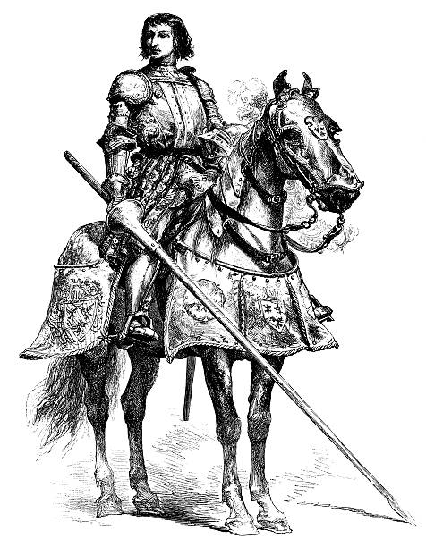 Knight of Bayard Engraving From 1869 Featuring The French Knight From The Middle Ages, Chevalier de Bayard.  Chevalier de Bayard (Also Known As Pierre Terrail Or The Good Knight) Lived From 1473 Until 1524. black knight stock illustrations