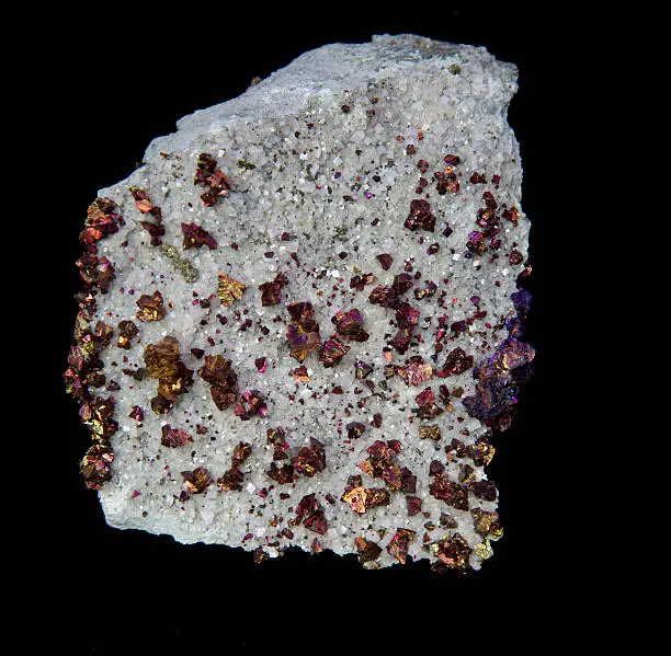 Rainbow colored chalcopyrite crystals, creating a festival of colors, have grown across a light gray matrix. The coloration of the normally brassy crystals is caused by oxidation of the surface. The piece is from the Sweetwater Mine, Viburnum Trend District, Reynolds County, Missouri.
