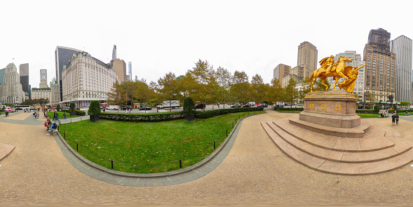 New York, NY, USA - October 27, 2023: Grand Army Plaza New York. 360 panorama VR equirectangular photo