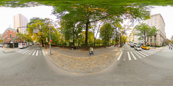 New York, NY, USA - October 27, 2023: New York by Central Park view of midrise residential buildings. 360 panorama VR equirectangular photo