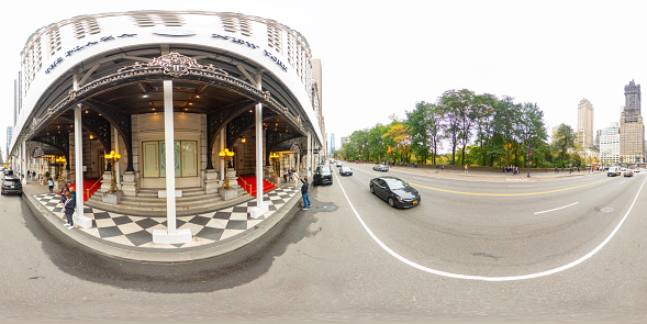 New York, NY, USA - October 27, 2023: The Plaza hotel New York. 360 panorama VR equirectangular photo