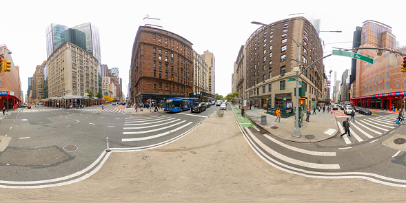 New York, NY, USA - October 27, 2023: 360 panorama New York 7th Ave and W 57th Street intersection. 360 panorama VR equirectangular photo