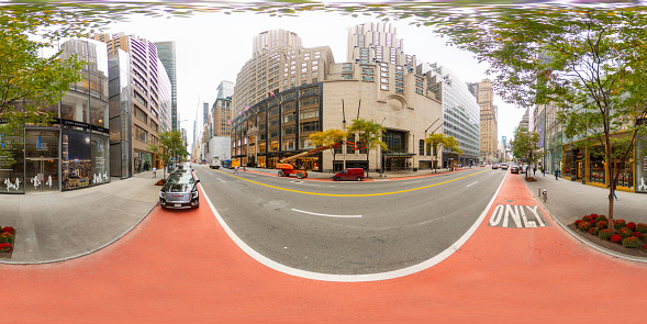 New York, NY, USA - October 27, 2023: The Shops on 57th Street 432 Park. 360 panorama VR equirectangular photo