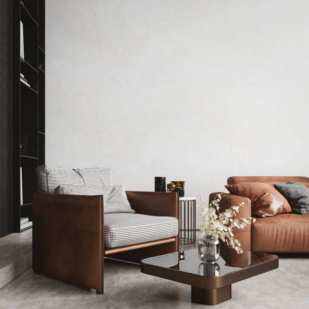 istock Living room wall mock up with leather sofa and armchair.3d rendering 1769347572