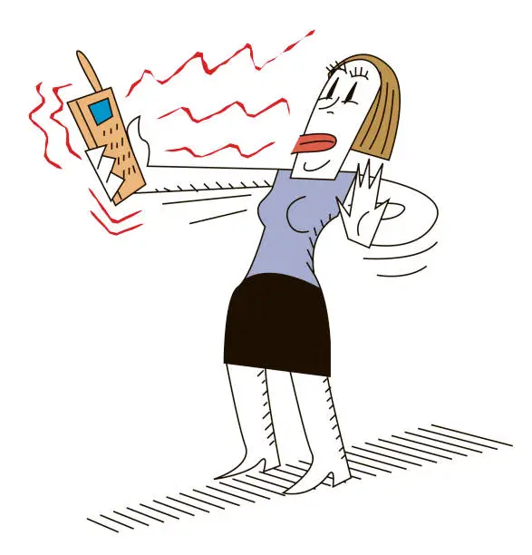 Vector illustration of the mobile phone in the woman's hand emits radiation