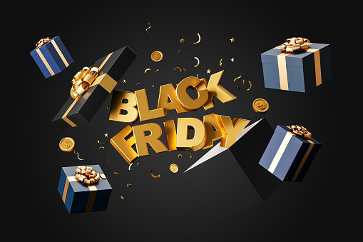 Open black gift box with falling confetti and black friday sale popping out. Concept of discount, marketing and online shopping. 3D rendering illustration