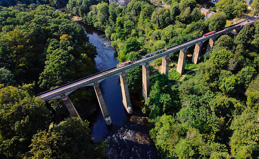 Aerial view of the Pontcysyllte Aqueduct that carries the Llangollen Canal across the River Dee in the Vale of Llangollen in northeast Wales.