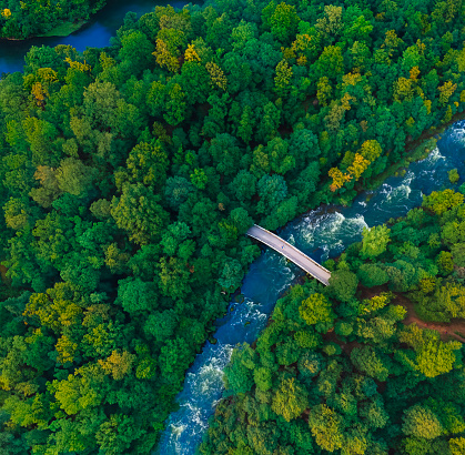 Drones eye view of the a footbridge over a river in a forest.