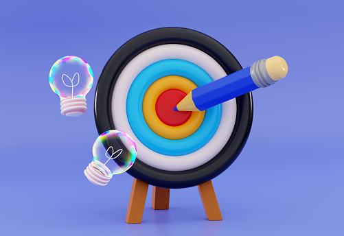 3D Target with Pencile Education concept Pen tool Success writing SEO optimisation Marketing time concept Business solution and idea Dartboard with lightbulb Minimal 3D rendering illustration