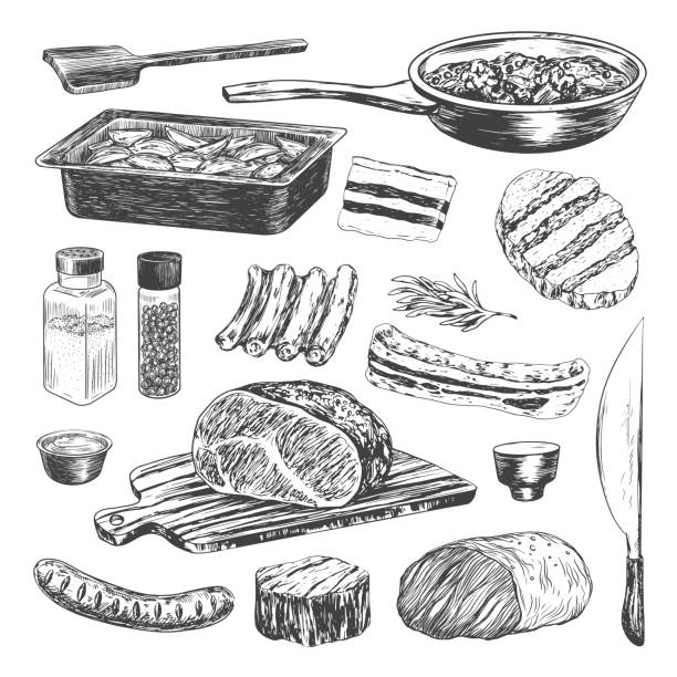 illustrations, cliparts, dessins animés et icônes de ensemble d’ustensiles de cuisine et de viande frite. - fatback