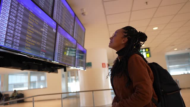 Young woman looking the flight monitor in the airport