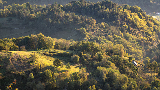 Beautiful view of green mountains on a sunny autumn morning in the Ariège Pyrenees in south-west France