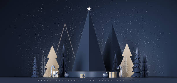 제품 전시 또는 발표를 위한 빈 연단 또는 무대가 있는 현대 파란 크리스마스 인사말 카드. 현대 크리스마스 배너 디자인입니다. - backdrop design decoration winter 뉴스 사진 이미지