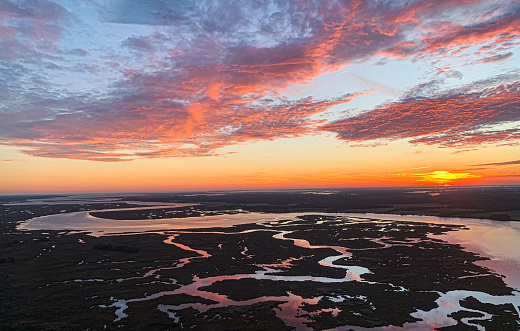 Aerial photo of the sunset over the Vienna River on the Eastern Shore of Maryland.