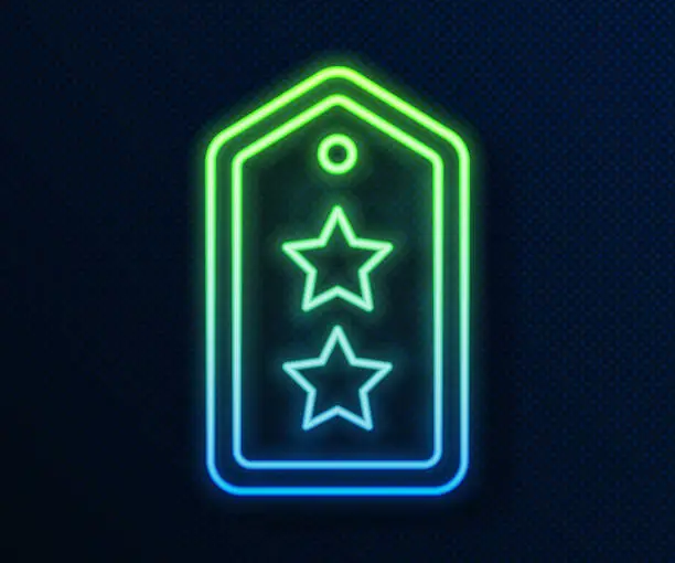 Vector illustration of Glowing neon line Military rank icon isolated on blue background. Military badge sign. Vector