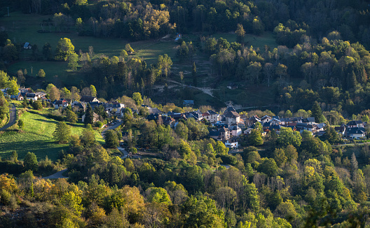 Beautiful view of mountains village on a sunny autumn morning in the Ariège Pyrenees in south-west France