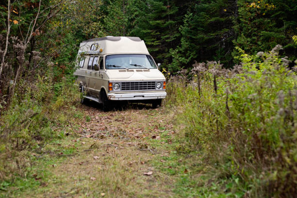 istock Vintage camper van on a dirt road in autumn forest. 1769449151