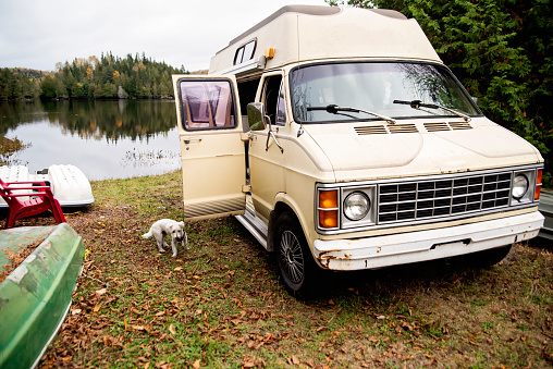 Dog and a vintage camper van parked near a lake in autumn. Dog is a Westie. No people. Horizontal full length outdoors shot with copy space. This is part of a series and was taken in Quebec, Canada.