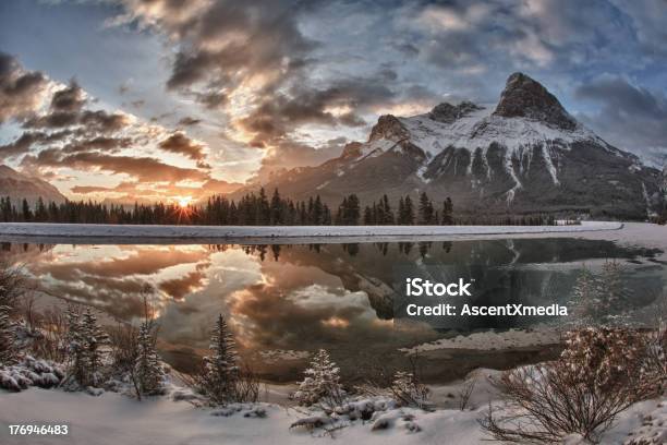 Sun Rises Above Mountain Lake After Snowfall Stock Photo - Download Image Now - Canada, Landscape - Scenery, Nature