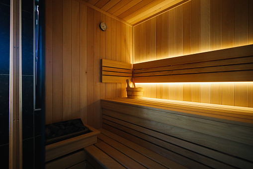 Home bathroom with spa and sauna